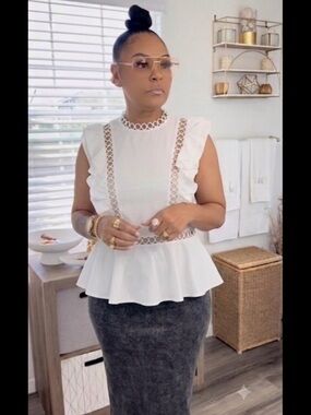 SHEIN White Lace-Paneled Peplum Top